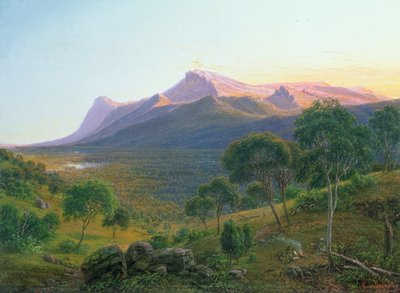Aborigines by a Fire before Mount William as Seen from Mount Dryden in the Grampians, Victoria by Eugene von Guérard